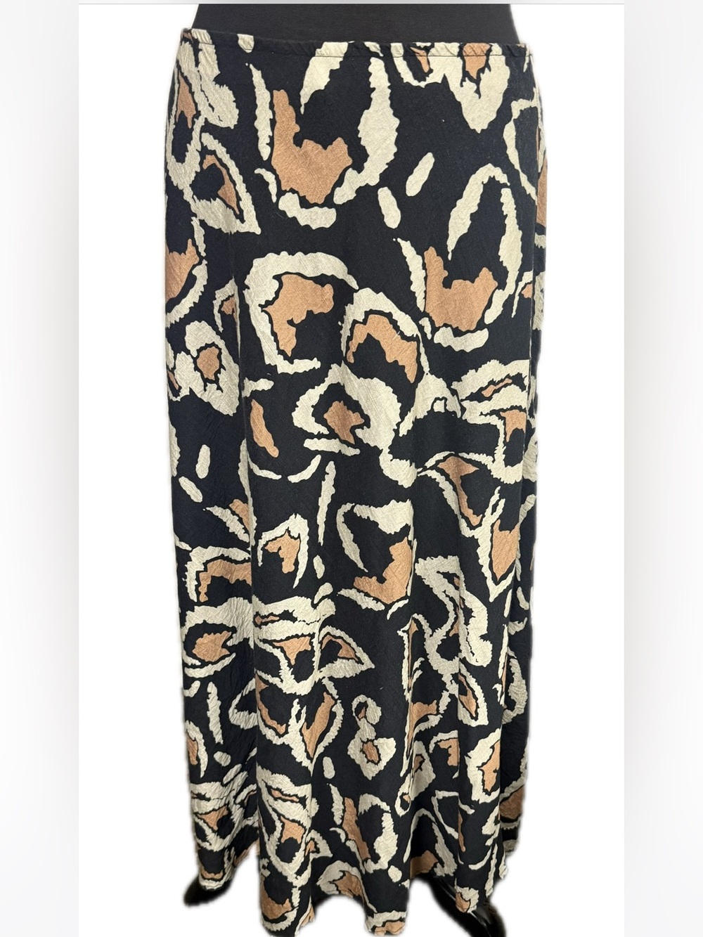 Women’s size XL Black Animal-Print Maxi Skirt with Cream and Tan Accents